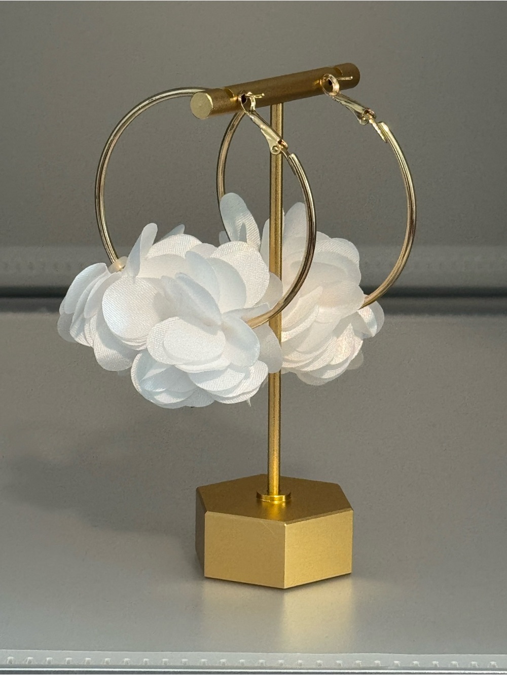 New Arrivals! White Floral Hoop Earrings - Gold Tone